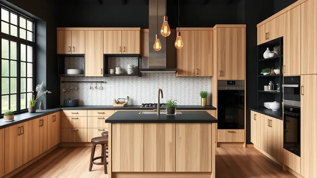 5-cuisine-bois-avec-ilot-central-et-verriere_F cuisine ouverte moderne