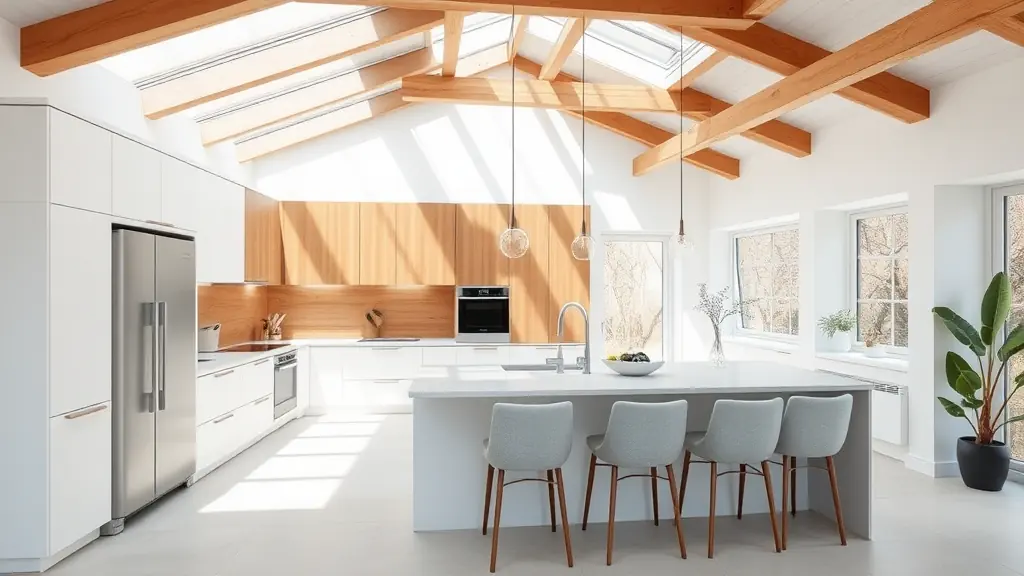 7-cuisine-blanche-et-bois-charpente-visible_F cuisine avec verrière haute